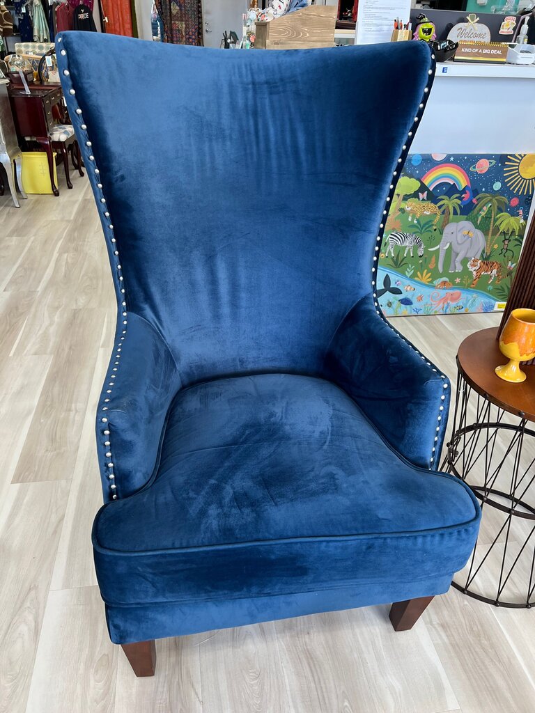 Navy Blue Velvet High Wingback Accent Chair Nailhead Trim