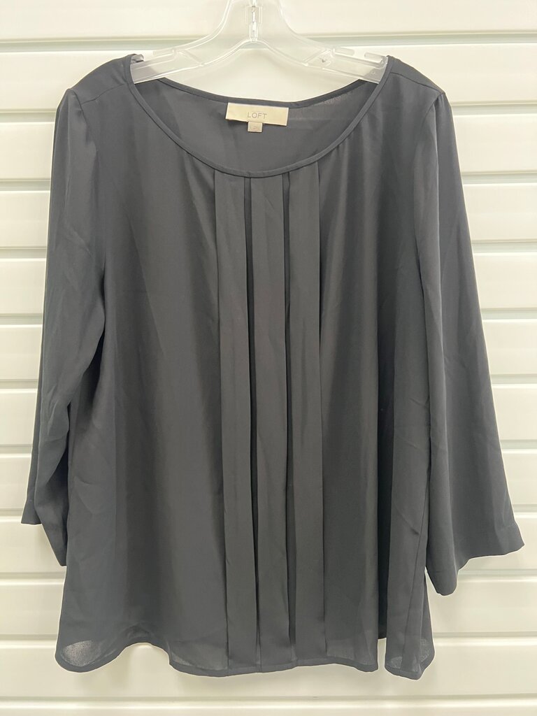 Ann Taylor LOFT Black Pleated Front Blouse 3/4 Sleeve Size L