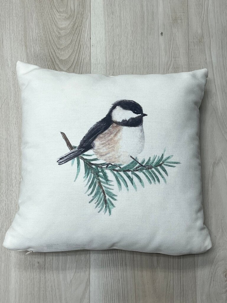 Chickadee on Pine Branch Watercolor Throw Pillow Winter Decor