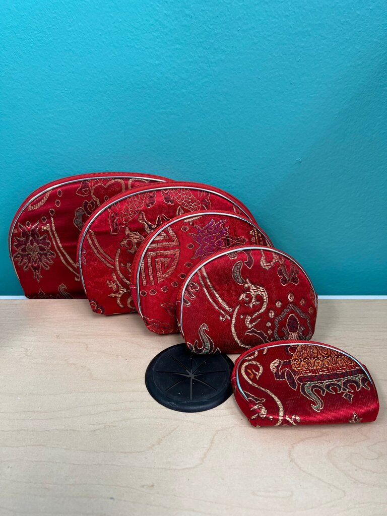 Set of 5 Red Brocade Nesting Zipper Pouches Coin Purse Cosmetic