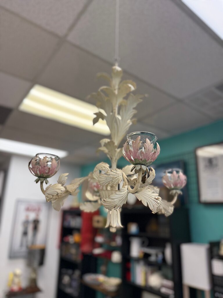 Vintage Four-Arm Floral Toleware Chandelier – Cream Painted Metal with Glass Votive Holders