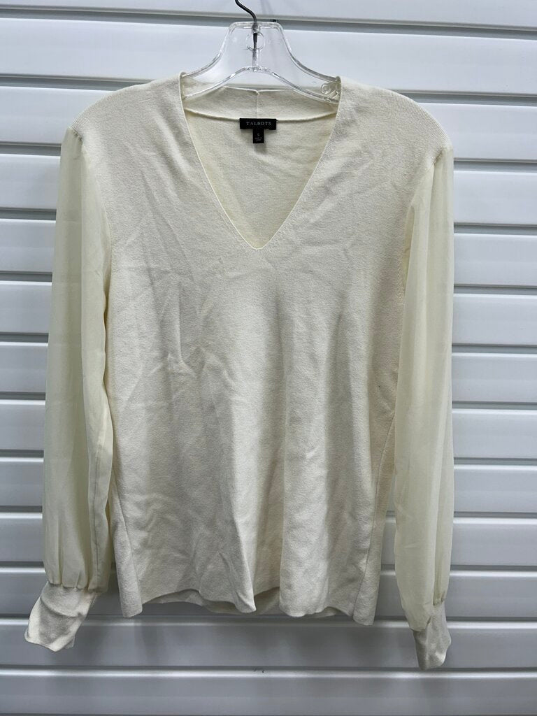 Talbots White Sheer Sleeve V-Neck Sweater, S