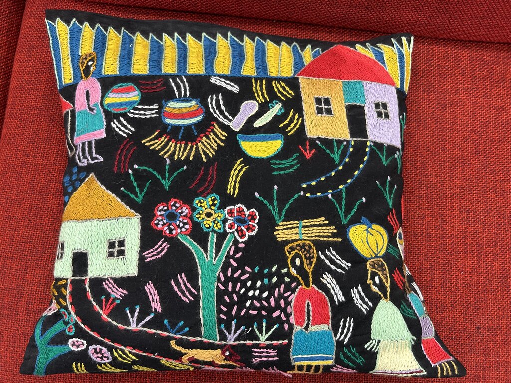 Hand-Embroidered Village Scene Pillow Cover