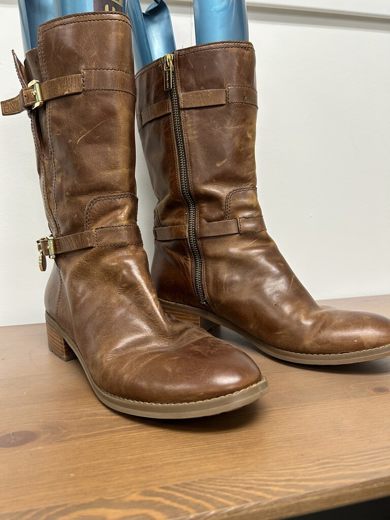 Michael Kors Brown Leather Buckle Strap Boots, Size 10M