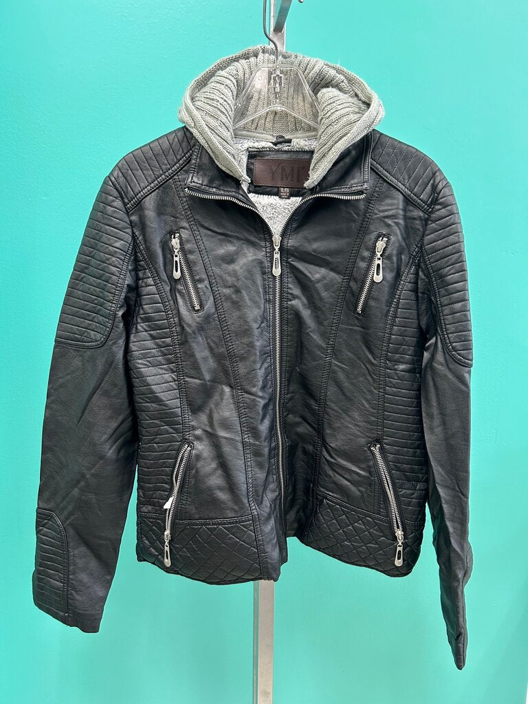 Black Quilted Leather Jacket with Hood