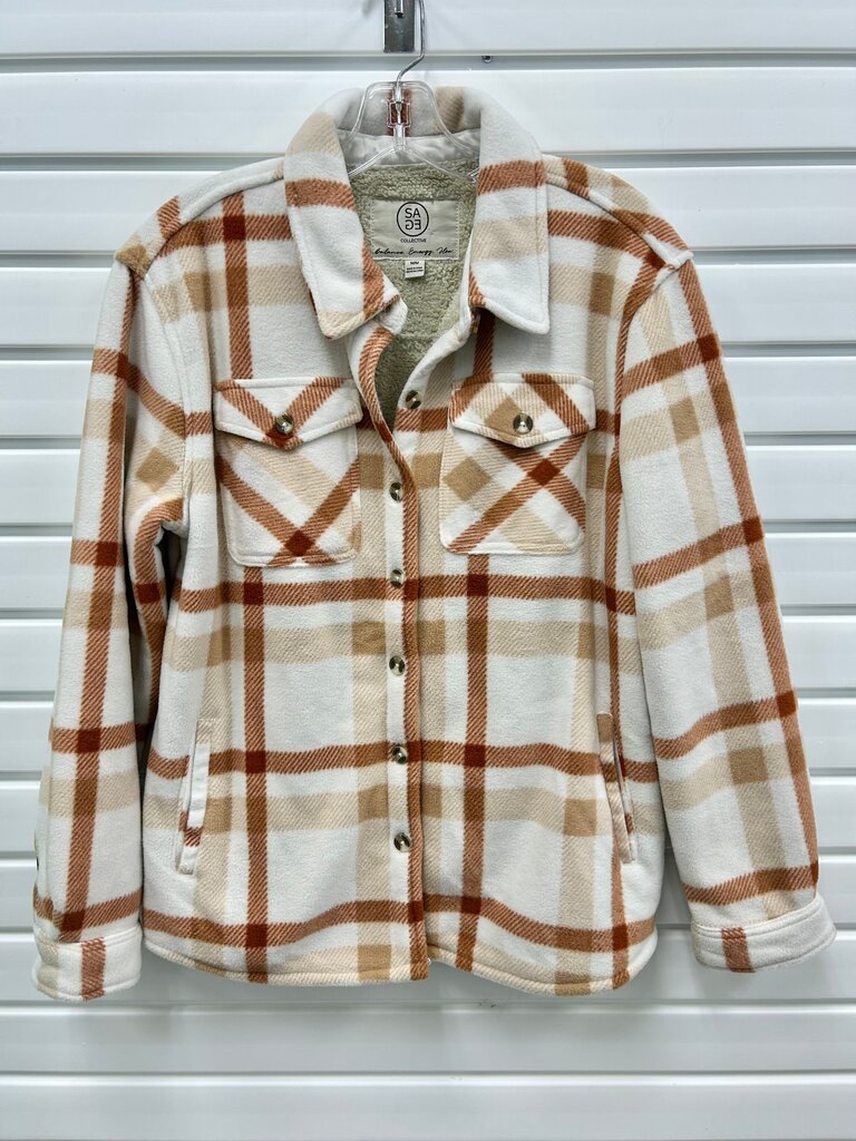 SAGE Collective Cream & Rust Plaid Sherpa-Lined Shacket – Size M
