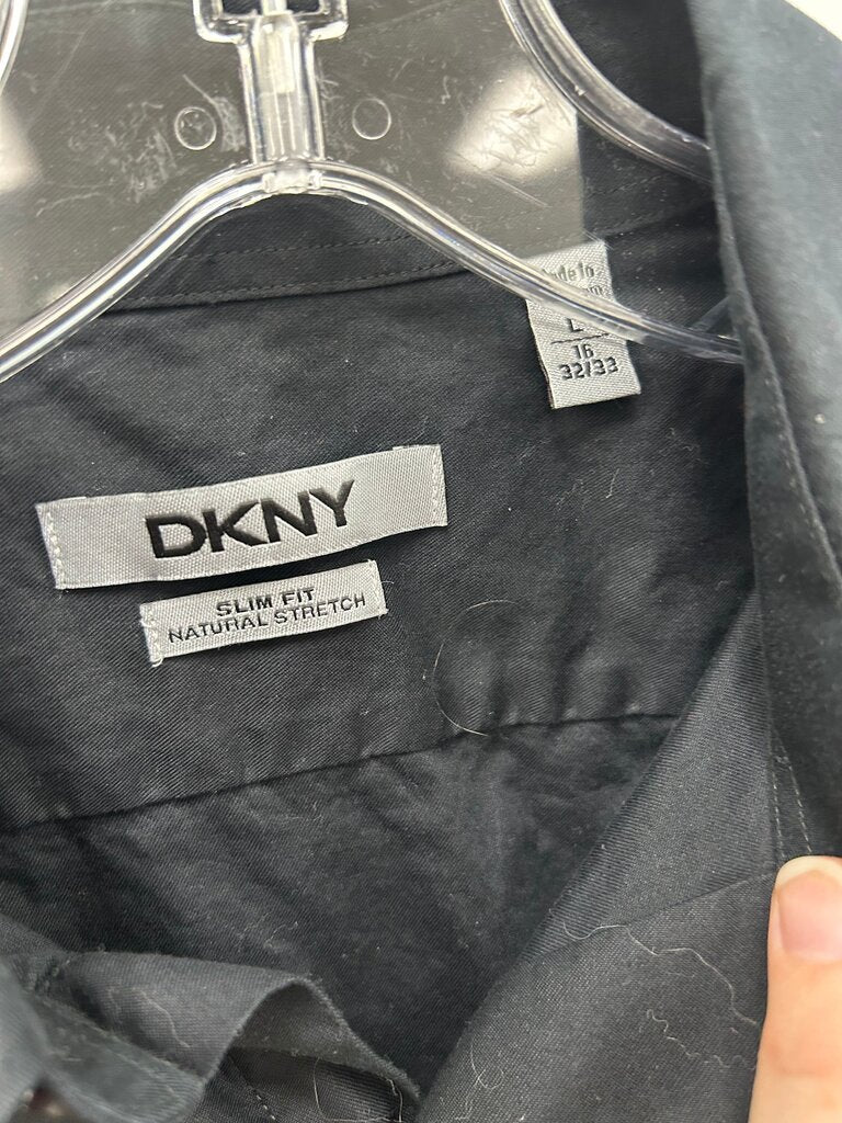 DKNY Men's Black Slim Fit Stretch Dress Shirt, Size L (16, 32/33)