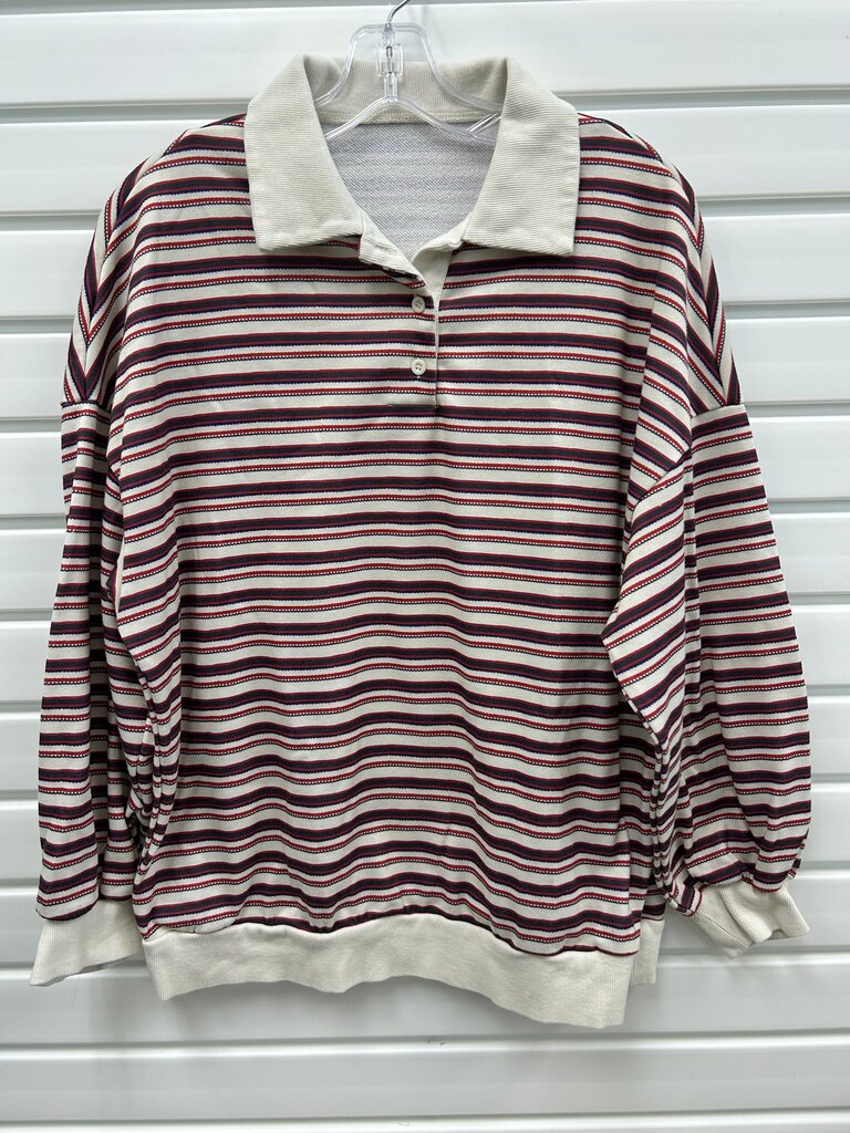 Vintage-Style Striped Long Sleeve Popover Polo, Cream Navy Red