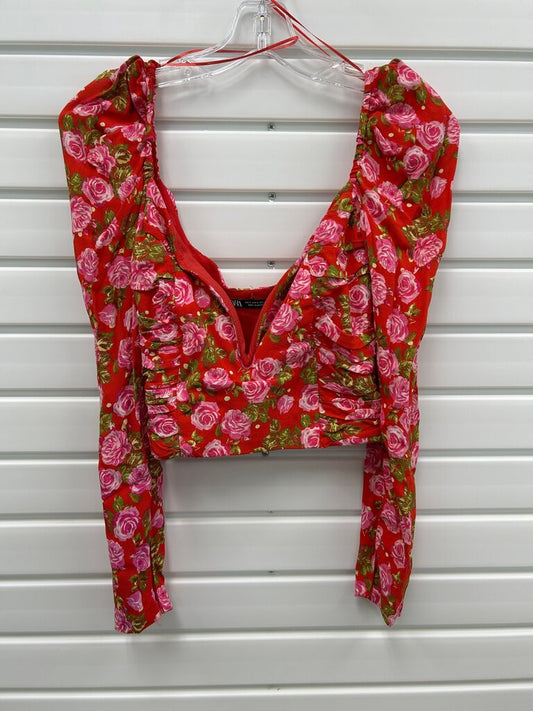 Zara Red Rose Floral Long Sleeve Ruched V-Neck Crop Top, Size S