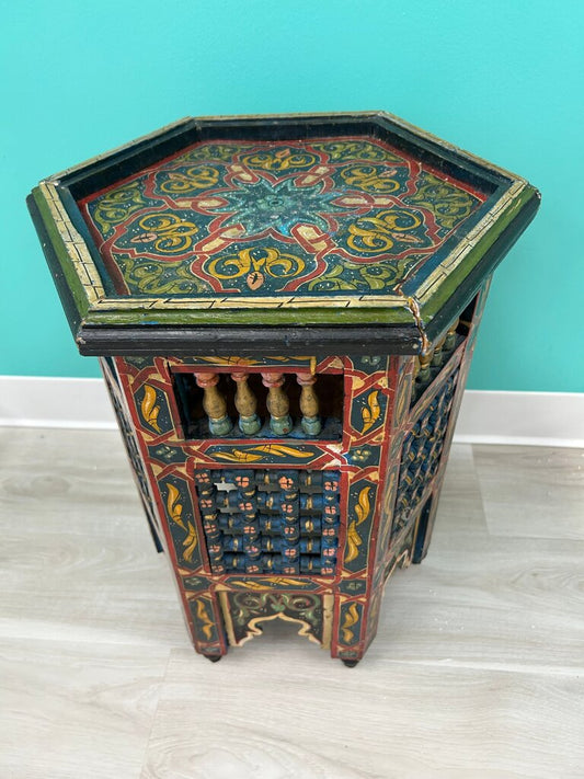 Moroccan Hand-Painted Wood Hexagonal Side Table with Moucharabieh Lattice
