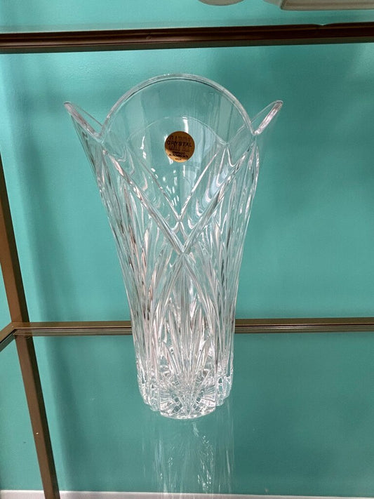 Italian Lead Crystal Vase, Cut Fan Pattern, Scalloped Rim
