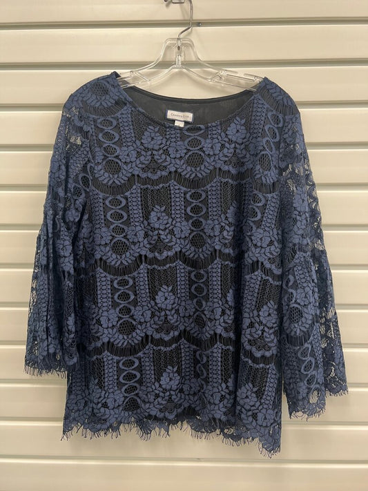 Charter Club Navy Lace Crochet Top, Bell Sleeve, Size L