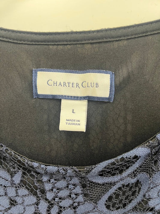 Charter Club Navy Lace Crochet Top, Bell Sleeve, Size L