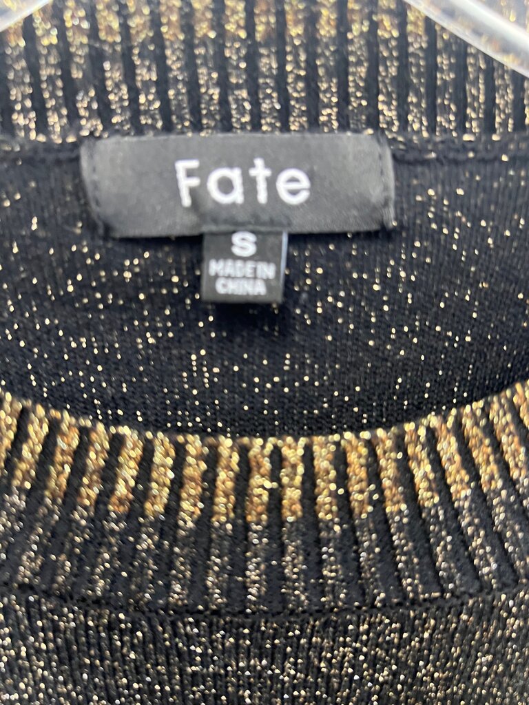 Fate Black & Gold Metallic Sweater, Baroque Print Sheer Sleeves, Small