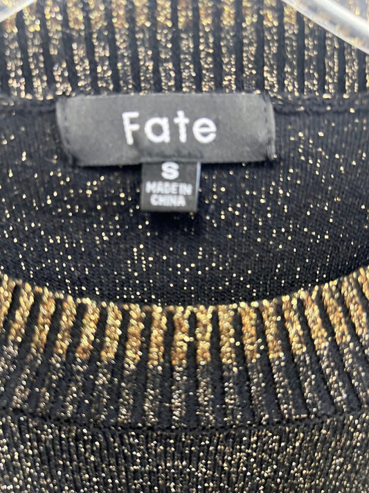 Fate Black & Gold Metallic Sweater, Baroque Print Sheer Sleeves, Small