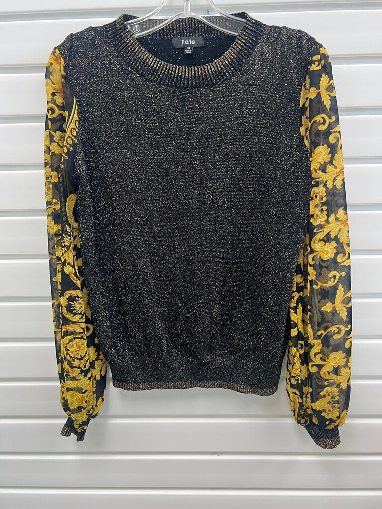Fate Black & Gold Metallic Sweater, Baroque Print Sheer Sleeves, Small