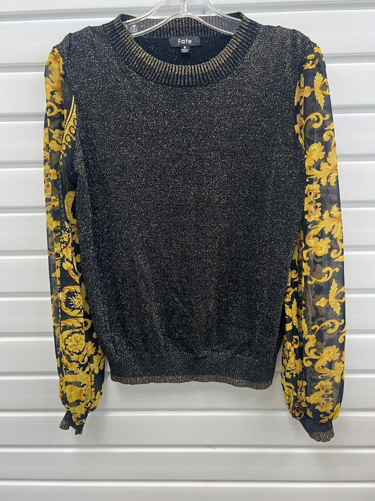 Fate Black & Gold Metallic Sweater, Baroque Print Sheer Sleeves, Small