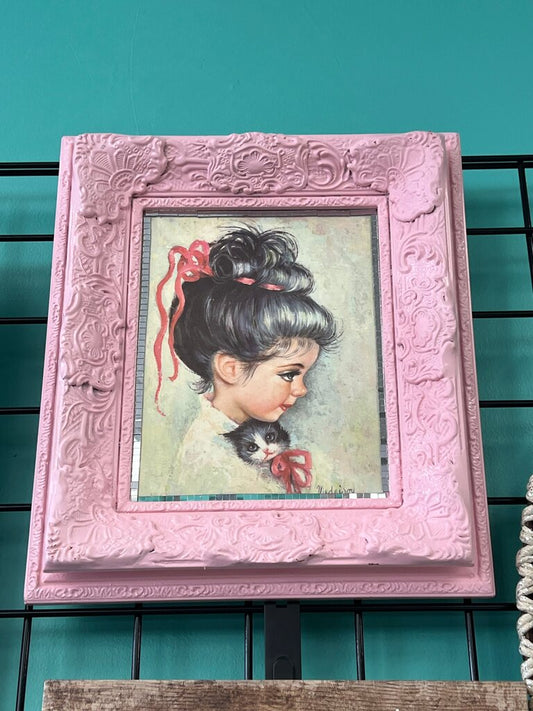 Vintage Pink Framed Girl with Cat Art