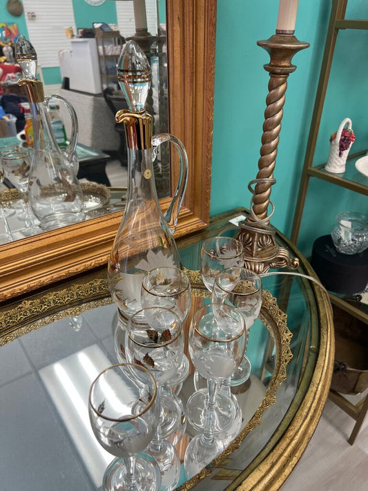 Vintage Crystal Decanter Set with Gold Trim