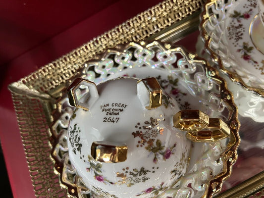 Pair Fan Crest Fine China Teacups