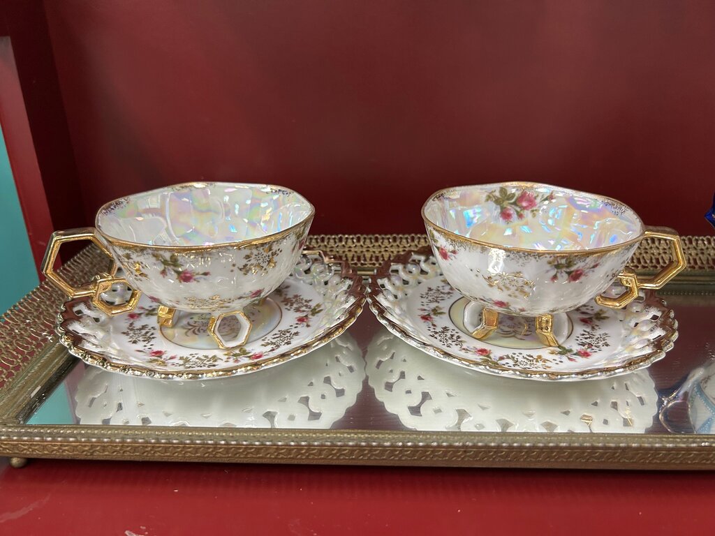 Pair Fan Crest Fine China Teacups