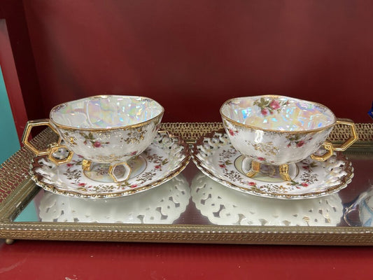 Pair Fan Crest Fine China Teacups
