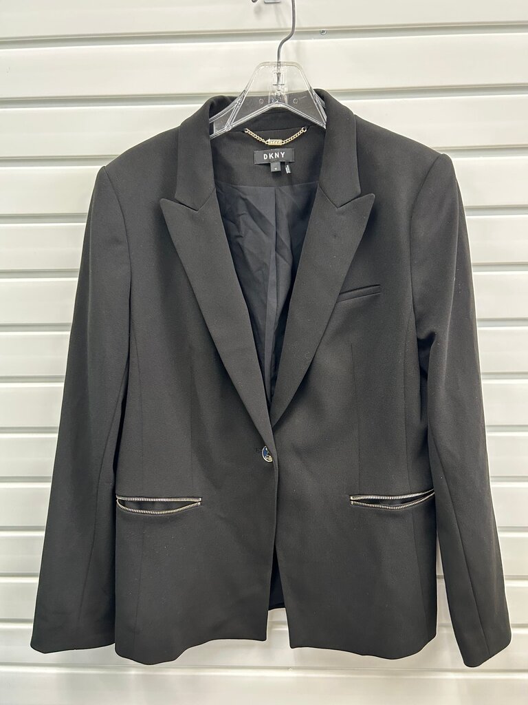 black DKNY single-button blazer featuring distinctive zippered front pockets