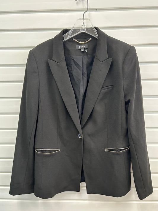black DKNY single-button blazer featuring distinctive zippered front pockets