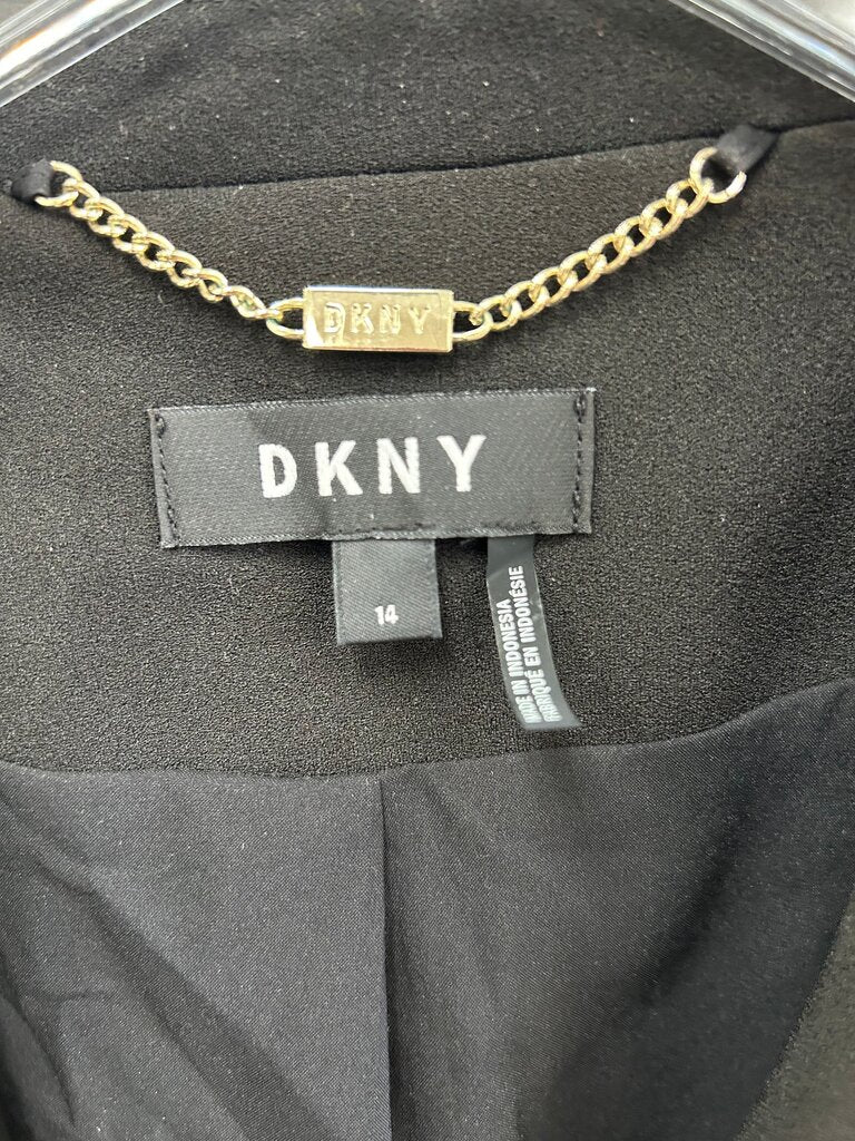 black DKNY single-button blazer featuring distinctive zippered front pockets