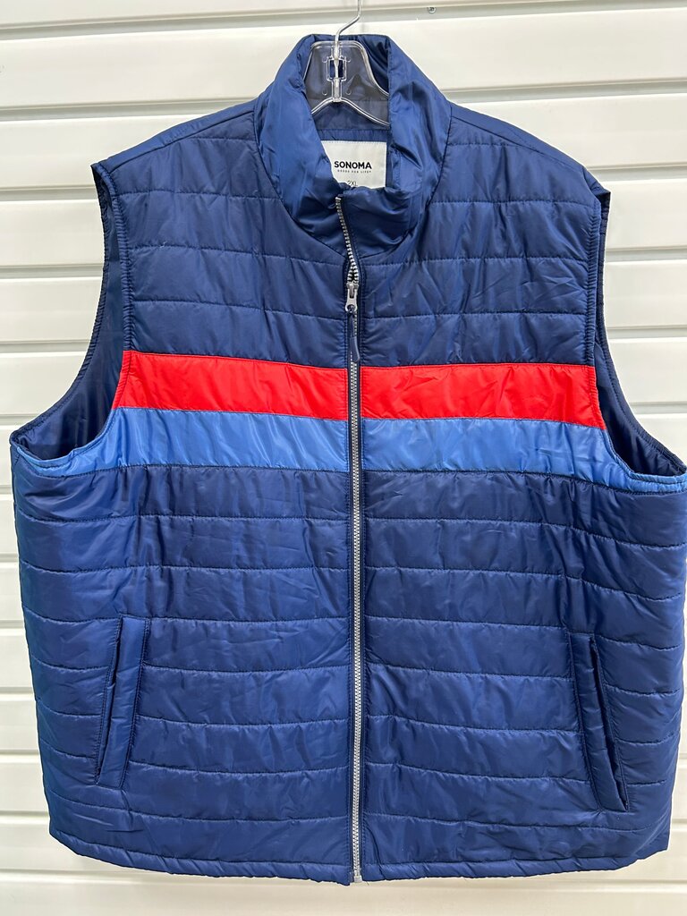 Sonoma Mens Puffer Vest with Red and Blue Stripe
