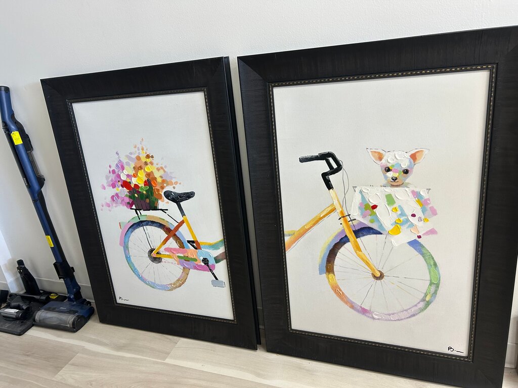 Set of 2 Large Framed Textured Bicycle & Dog Wall Art