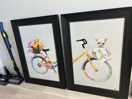 Set of 2 Large Framed Textured Bicycle & Dog Wall Art