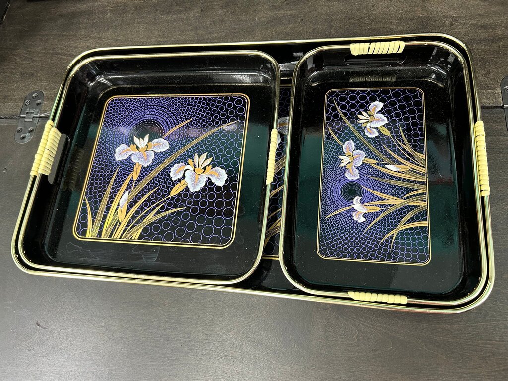3pc vintage Japanese black lacquer nesting serving trays