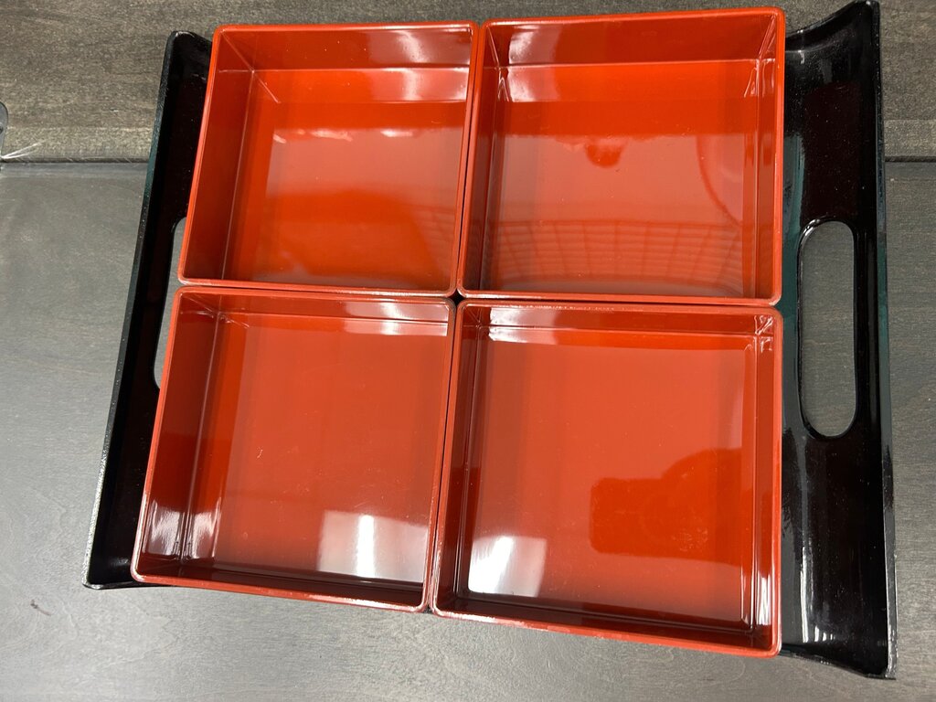 Vtg Japanese Lacquered Tray with Four Red Compartments