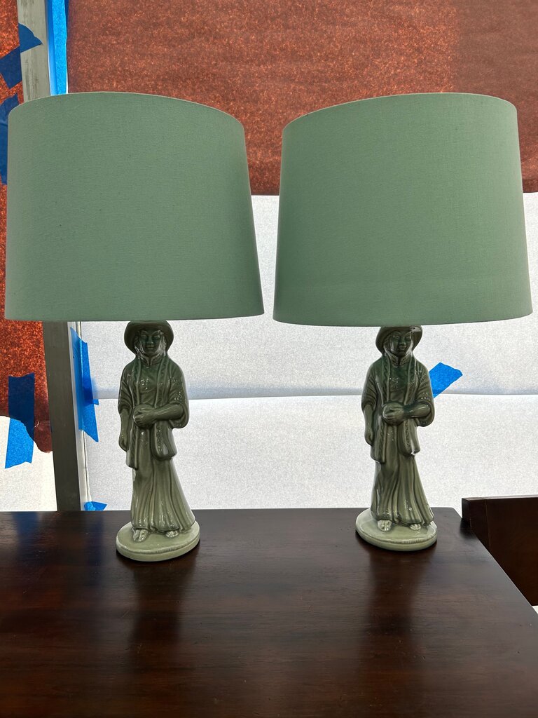 mid-century Chinoiserie celadon green figural table lamps
