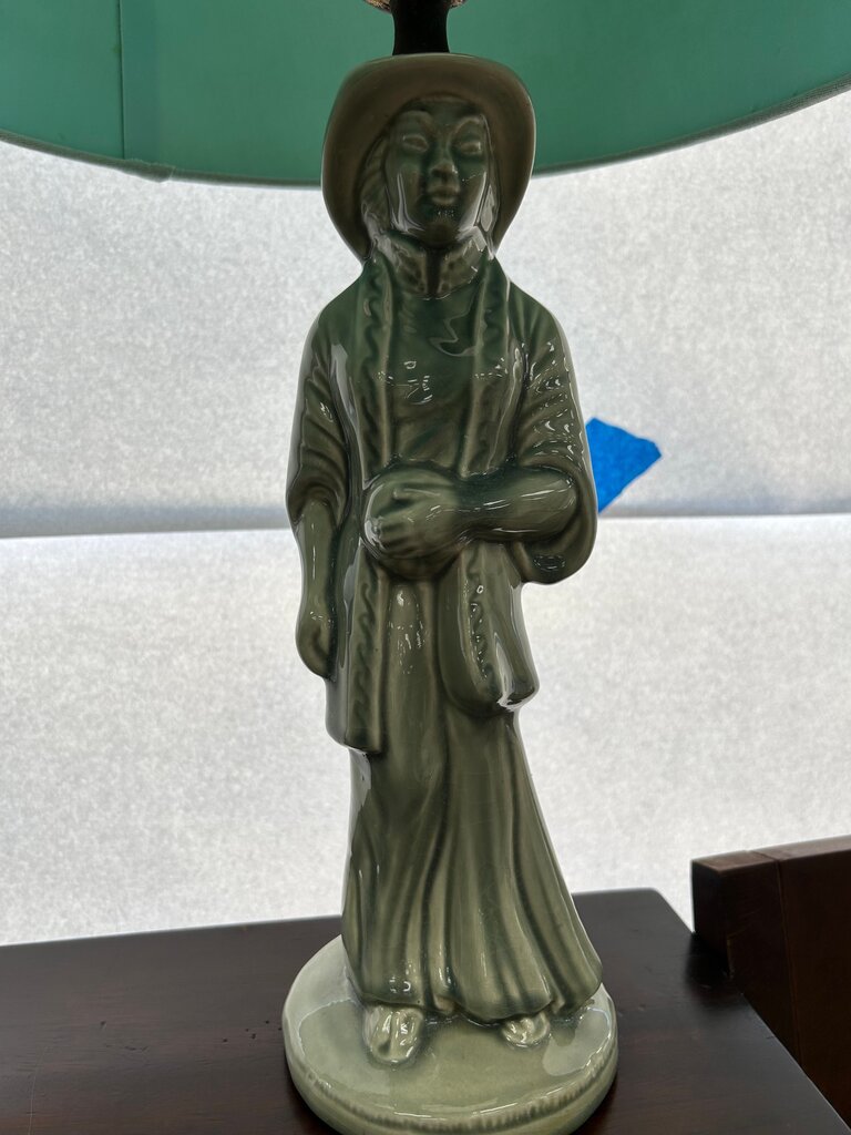 mid-century Chinoiserie celadon green figural table lamps