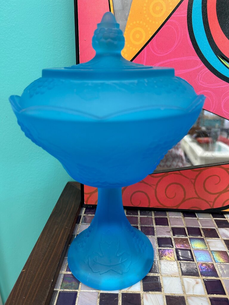 Vintage Indiana Glass Grape Harvest Blue Frosted Compote Candy Dish w/ Lid