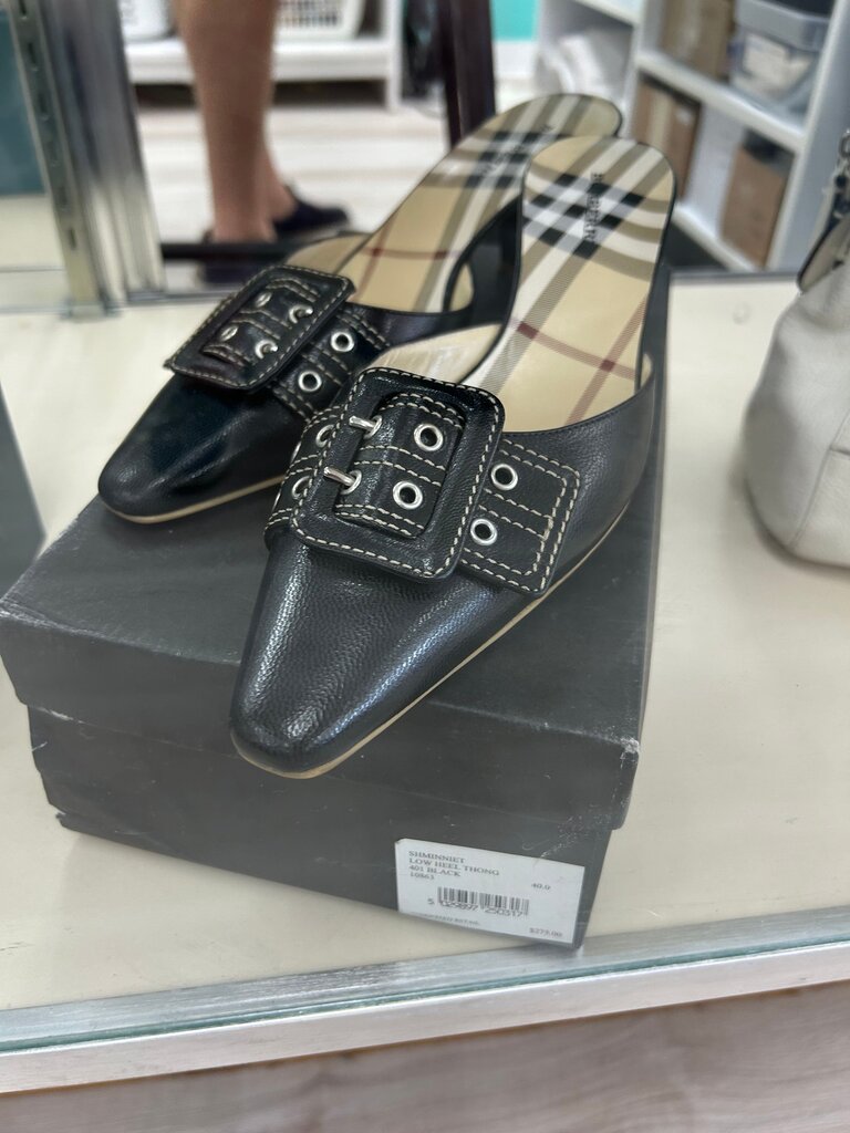 Burberry Black Leather Buckle Mules with Nova Check Lining NEW