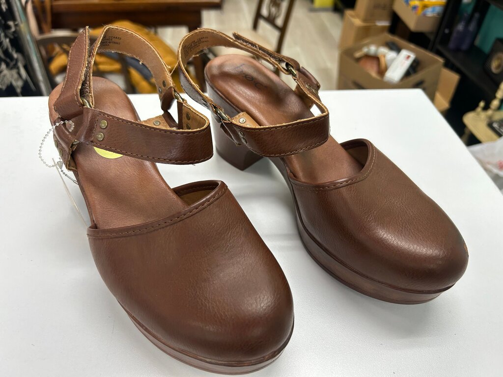 BOC Brown Leather Clogs with Ankle Strap NEW