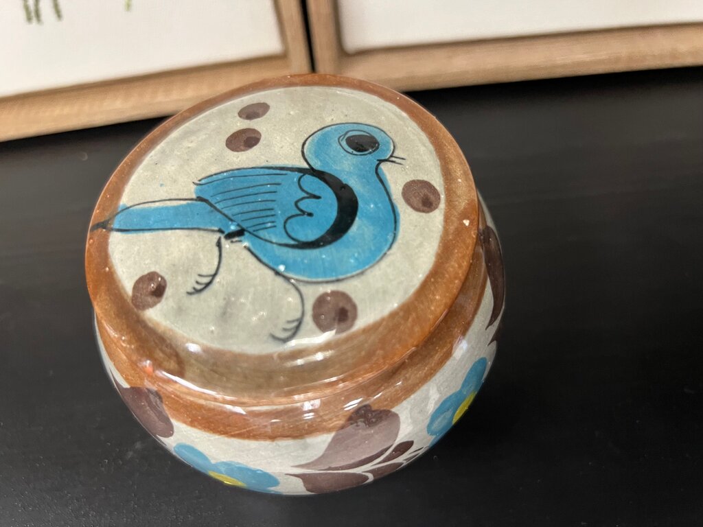 Mexican Pottery Lidded Bowl Bird Motif
