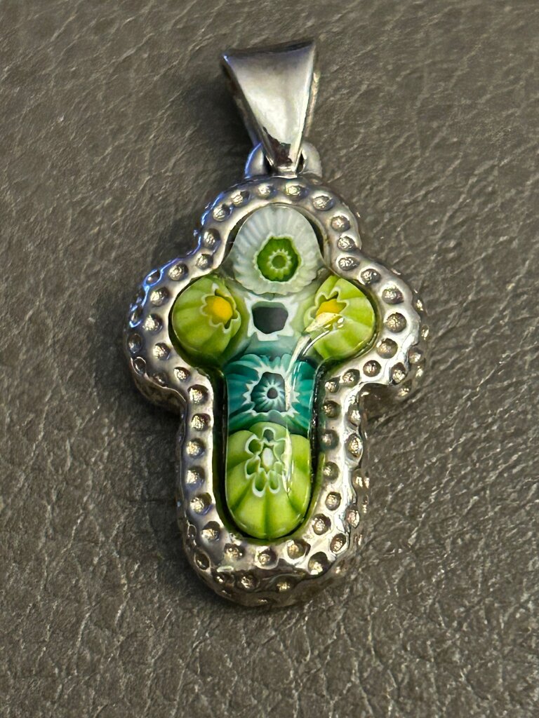 Green Millefiore on Silver Cross Pendant