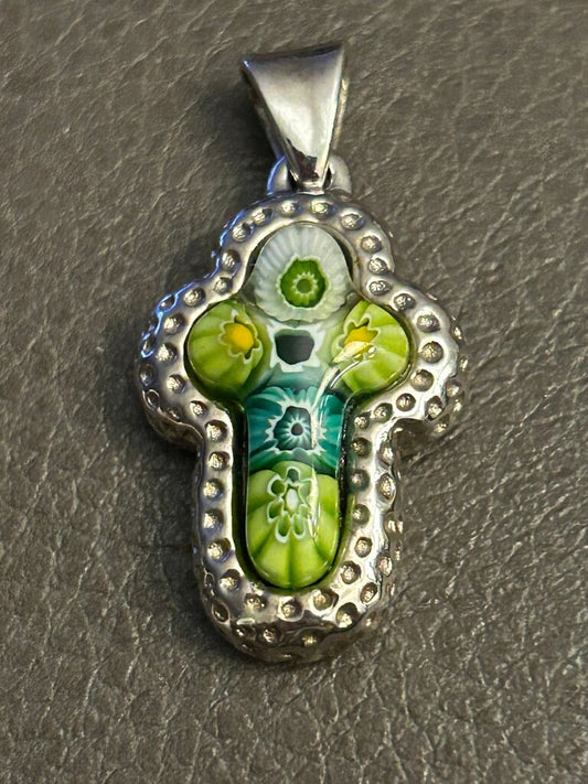 Green Millefiore on Silver Cross Pendant