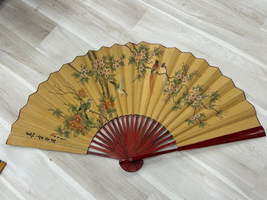 Vintage Gold-Colored Wall Art Fan with Floral and Bird Design
