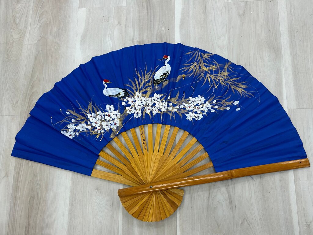 Decorative Blue Silk Fan with Crane and Floral Design