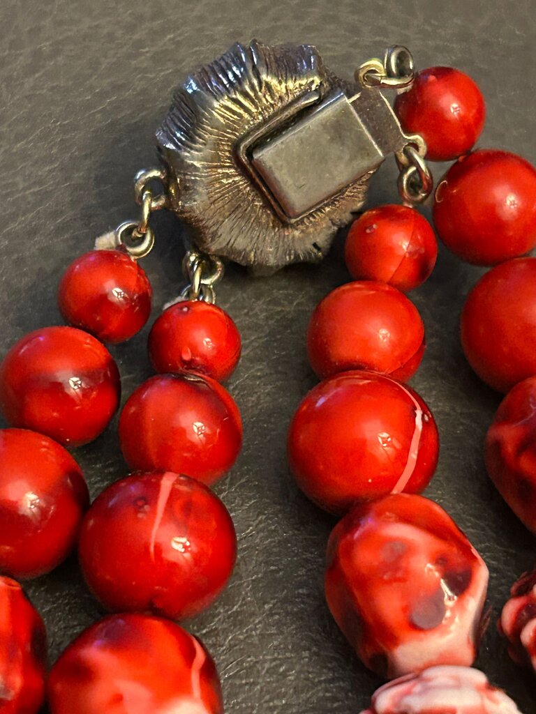 Vintage Double Strand Red Beaded Necklace
