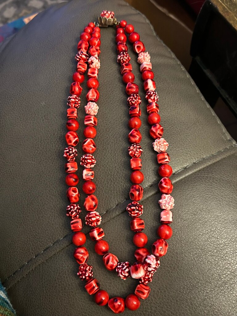 Vintage Double Strand Red Beaded Necklace