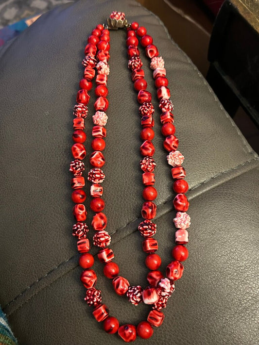 Vintage Double Strand Red Beaded Necklace