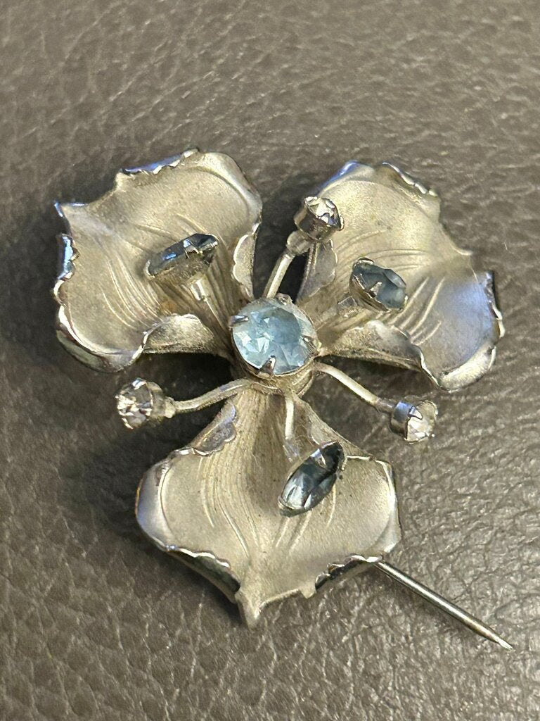 Vintage Silver Flower Brooch with Blue Stones