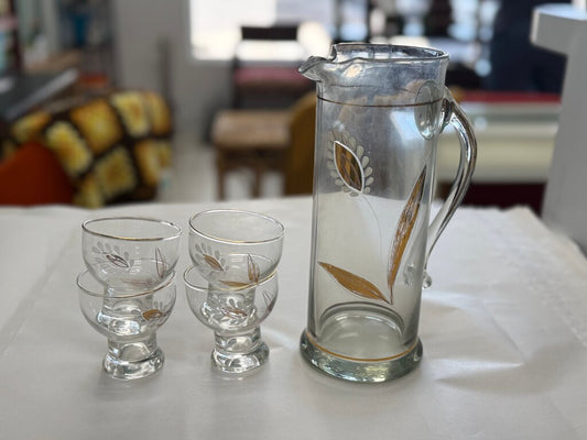 Vintage Glass Pitcher with Decorative Tumblers