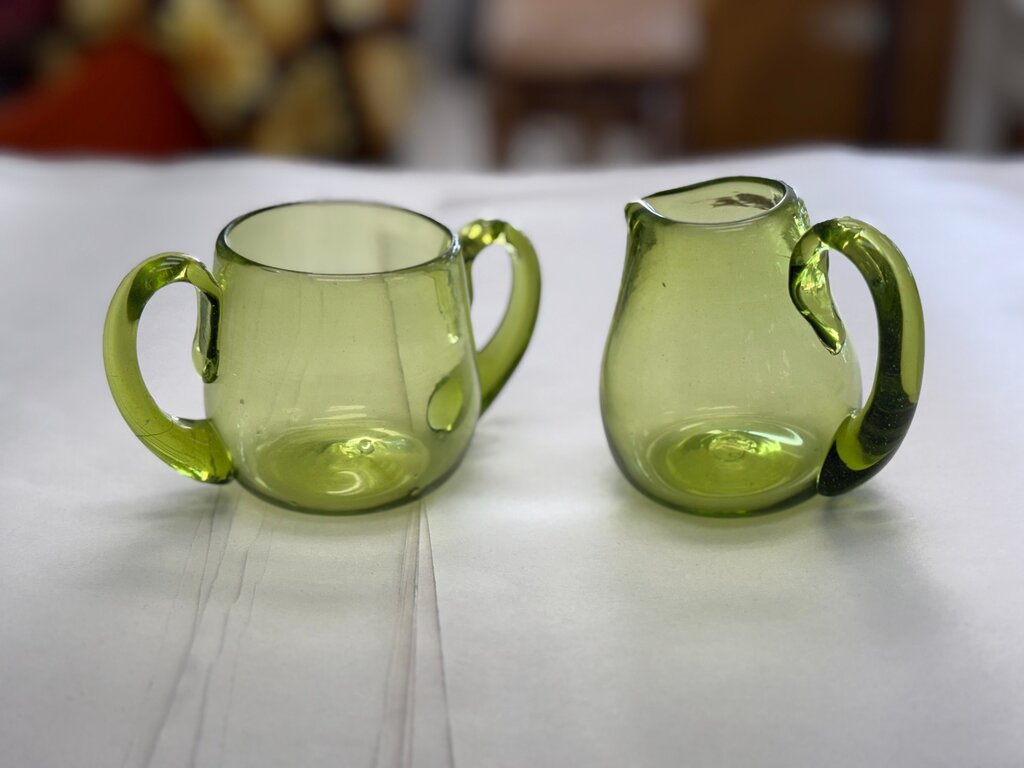 Vintage Green Glass Creamer and Sugar Set